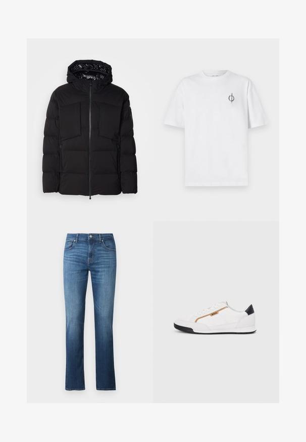 Juodas pūkinis švarkas, pagamintas iš glotnaus nailono, su priekiniais užtrauktukais, didelėmis krūtinės kišenėmis ir gobtuvu. Išpūstas, skirtas šilumai ir patogumui.; Balta medvilninė marškinė su laisvu siluetu, su mažą juodą grafiką logotipą kairėje krūtinės pusėje. Trumpomis rankovėmis, apvaliu kaklu.; Mėlynos džinsinės kelnės su tiesiu kirpimu, vidutinio aukščio liemeniu, penkiomis kišenėmis ir lygia tekstūra. Švelnus blukimas ir kontrastingos siūlės.; Balti sportiniai bateliai su tinklinėmis ir odinėmis detalėmis. Yra auksinė "BOSS" logotipas, tekstūruoti šonai ir juodas kulno dangtelis. Guminis padas.