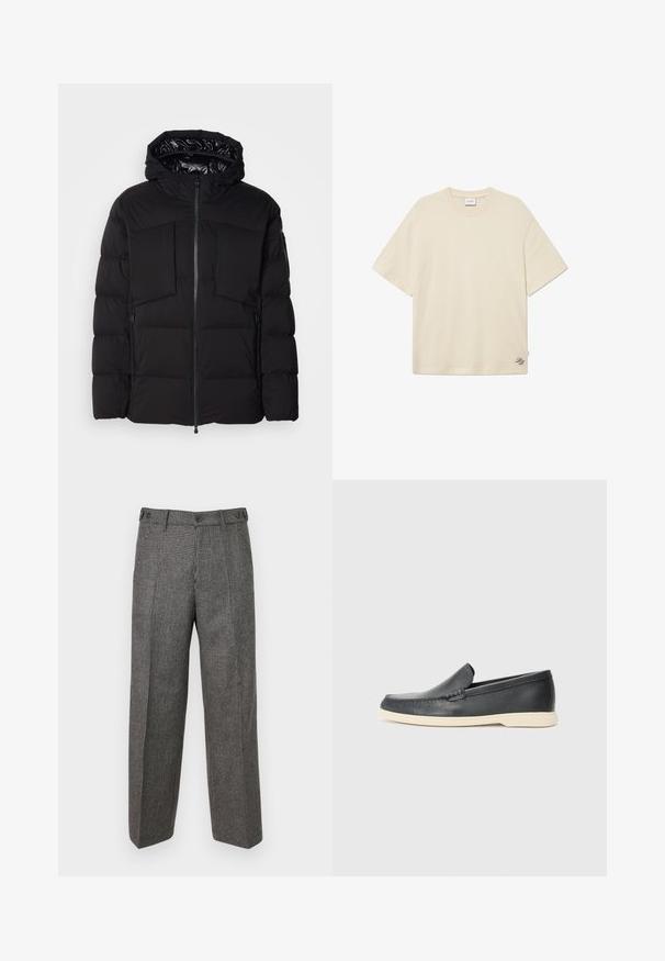 Črna puhovka iz gladkega najlona, z sprednjim zadrgo, velikima žepoma na prsih in kapuco. Opremljena je z oblogami za izolacijo in udobje.; Kremna majica iz bombaža, z okroglo ovratnico, kratkimi rokavi in diskretnim logotipom izvezenim v spodnjem desnem kotu.; DRYKORN WYDER - Hlače - grey; Črne usnjene natikače z teksturiranim zaključkom in kontrastno bež gumo na podplatu. Imajo subtilen naglas vzdolž sprednje strani.