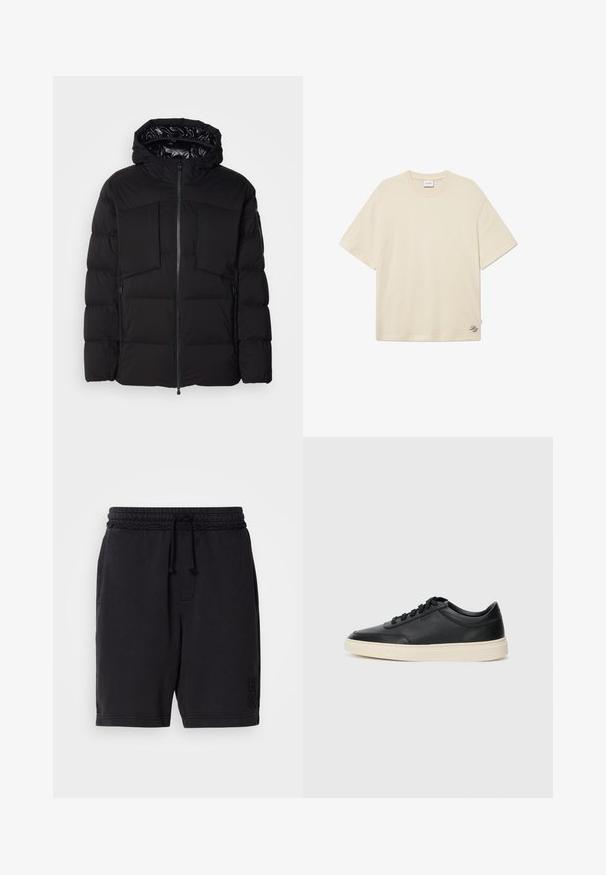 Črna puhovka iz gladkega najlona, z sprednjim zadrgo, velikima žepoma na prsih in kapuco. Opremljena je z oblogami za izolacijo in udobje.; Kremna majica iz bombaža, z okroglo ovratnico, kratkimi rokavi in diskretnim logotipom izvezenim v spodnjem desnem kotu.; Črne bombažne kratke hlače z elastičnim pasom in vrvico. Imajo stranske žepke in subtilno embosirano blagovno znamko na spodnji levi nogi.; Črne nizke usnjene teniske s črnimi vezalkami in svetlo belo podplatom, prikazane v stranskem profilu na beli podlagi.