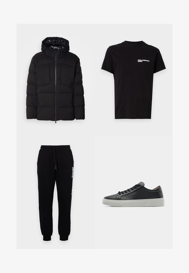 Svart pufferjacka i slät nylon, med framdragkedja, stora bröstfickor och huva. Vadderad för isolering och komfort.; Svart t-shirt i bomull med rund halsringning och korta ärmar. Framträdande vit logotext på vänster bröstområde. Enkelt design.; Svarta mjukisbyxor i mjukt tyg, med resårmidja och snörning, smalnande ben och en logotyp längs sidan.; Svart lädersneaker med en slät yta, rund tå och svarta skosnören. Har en tjock, vit gummisula med subtila geometriska accenter.
