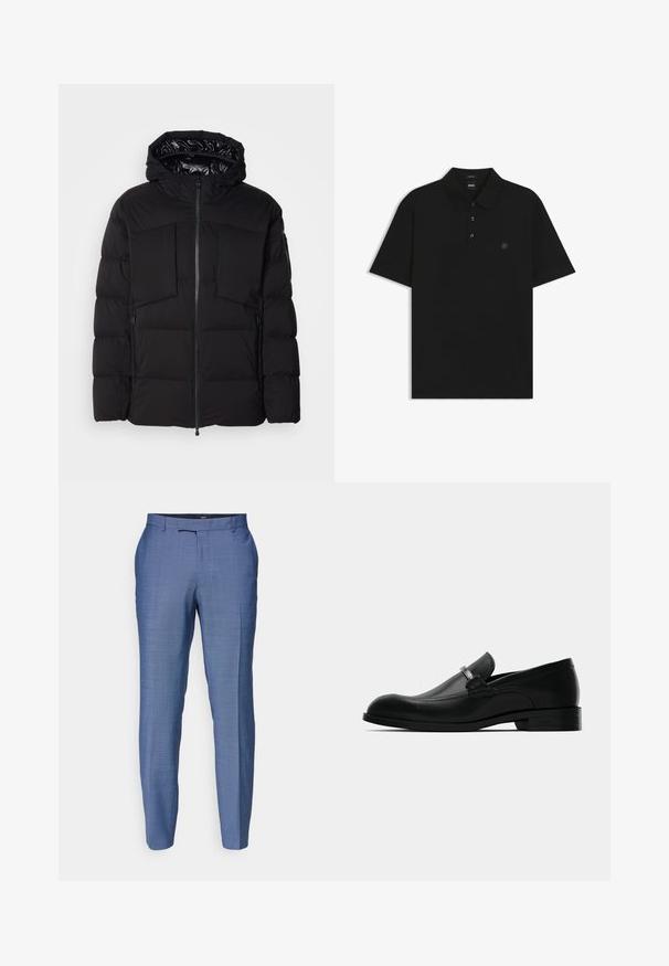 Black puffer jacket made of smooth nylon, featuring a front zipper, large chest pockets, and a hood. Padded for insulation and comfort.; Black short-sleeve polo shirt made from smooth fabric with a classic collar, three-button placket, and subtle logo embroidery on the chest.; Light blue tailored trousers with a textured fabric. Features a flat front, narrow legs, and a zip fly with a hook closure.; Black leather men's loafer with a metal buckle detail, low heel, and branded sole, shown from the side on a white background.