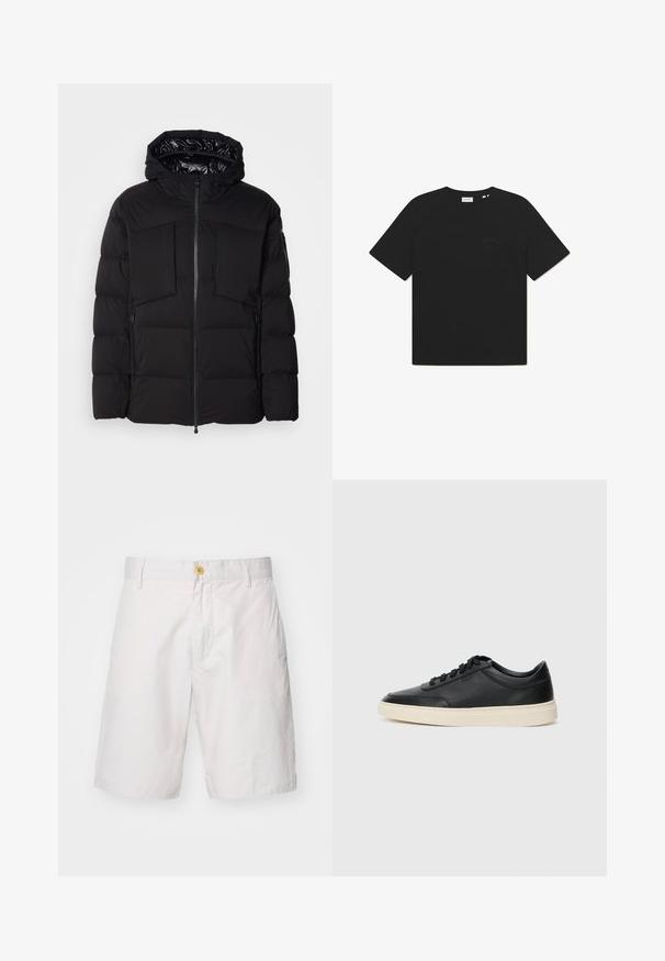 Črna puhovka iz gladkega najlona, z sprednjim zadrgo, velikima žepoma na prsih in kapuco. Opremljena je z oblogami za izolacijo in udobje.; Črna bombažna majica s krožnim ovratnikom in kratkimi rokavi. Na sprednji strani je subtilen logotip. Mehka tekstura in sproščen kroj.; Moške bele kratke hlače, izdelane iz lahkotnega materiala. Imajo zatično zapiranje, dve stranski žep in sproščen kroj s ravno rezom.; Črne nizke usnjene teniske s črnimi vezalkami in svetlo belo podplatom, prikazane v stranskem profilu na beli podlagi.