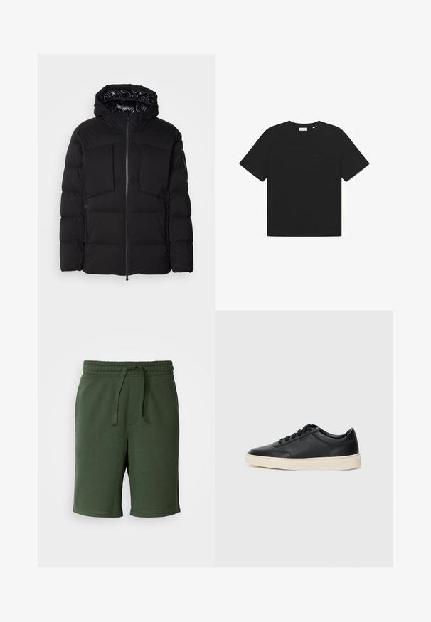 Črna puhovka iz gladkega najlona, z sprednjim zadrgo, velikima žepoma na prsih in kapuco. Opremljena je z oblogami za izolacijo in udobje.; Črna bombažna majica s krožnim ovratnikom in kratkimi rokavi. Na sprednji strani je subtilen logotip. Mehka tekstura in sproščen kroj.; Temnozeleni kratki hlače z elastičnim pasom, detajlom vezice, žepi in mehkim bombažnim materialom. Dolžina do sredine stegna.; Črne nizke usnjene teniske s črnimi vezalkami in svetlo belo podplatom, prikazane v stranskem profilu na beli podlagi.