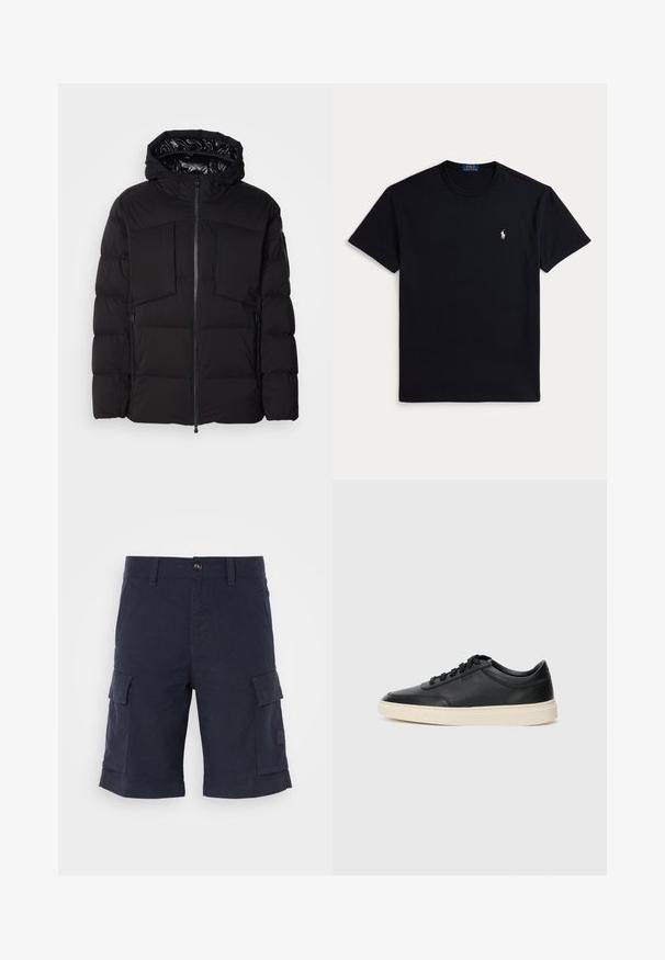 Čierna puffa bunda vyrobená z hladkého nylonu, s predným zipsom, veľkými vreckami na hrudi a kapucňou. Podšitá pre izolačné vlastnosti a pohodlie.; Čierne bavlnené tričko s okrúhlym výstrihom, krátkymi rukávmi a malým vyšívaným logom na ľavej strane hrudníka. Hladká textúra.; Námornícko modré cargo šortky vyrobené z bavlnenej zmesi. Má dve bočné vrecká a predné zapínanie na gombík. Rovný lem.; Čierne nízkoprevádzkové kožené tenisky s čiernymi šnúrkami a krémovou podrážkou zobrazené v bočnom profile na bielom pozadí.