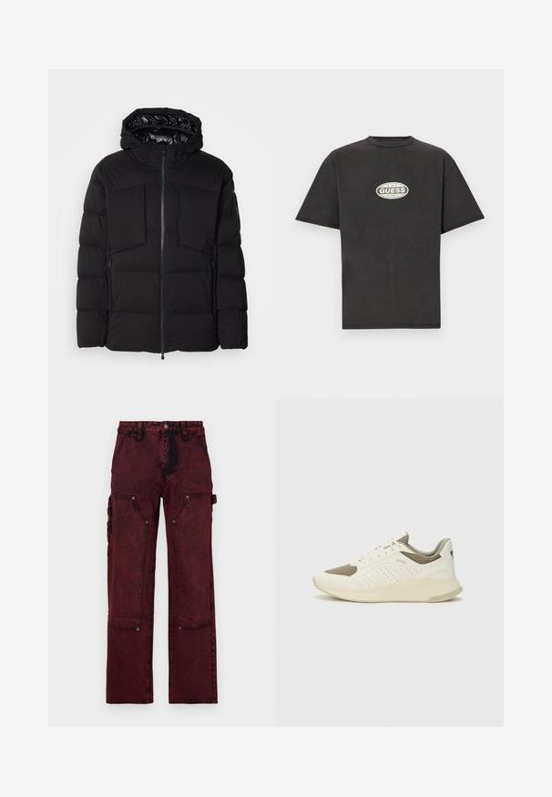 Svart pufferjacka i slät nylon, med framdragkedja, stora bröstfickor och huva. Vadderad för isolering och komfort.; Svart bomullst-shirt med korta ärmar, rund halsringning och en grön-vit oval logotyp med texten "GUESS ORIGINALS" centrerad på framsidan.; Röda cargobyxor med texturerad yta, stora framfickor, metall detaljer och en avslappnad design med raka ben.; Vit och ljusbeige atletisk sneaker med ett meshöverdrag, perforerade detaljer och en texturerad mellansula med varumärke på hälen.