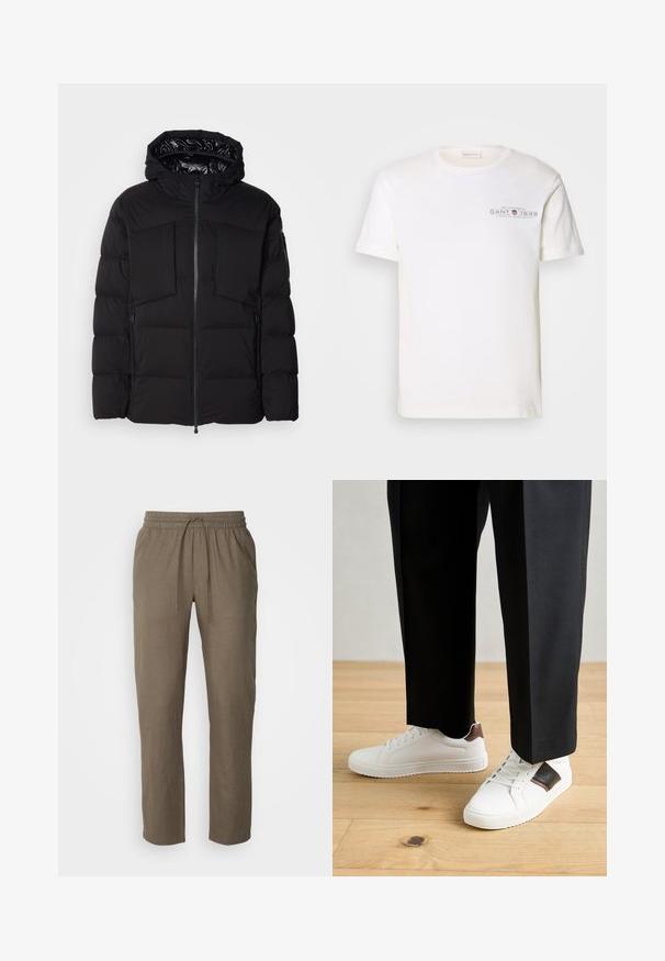 Melnā pūkainā jaka, kas izgatavota no gluda neilona, ar priekšējo rāvējslēdzēju, lielām krūšu kabatām un kapuci. Iepildīta siltumizolācijai un komfortam.; Balta kokvilnas T-kreklu ar apaļu kakla izgriezumu, īsām piedurknēm un ar apdrukātu logotipu. Iezīmē minimālistisku dizainu un brīvu piegriezumu.; Les Deux PATRICK PANTS - Auduma bikses - brown; Baltā pārsoļa apavi ar gludu tekstūru, papildināti ar brūniem ādas akcentiem un melniem elementiem, savienoti ar melnām pielāgotām biksēm. Koka grīdas fons.