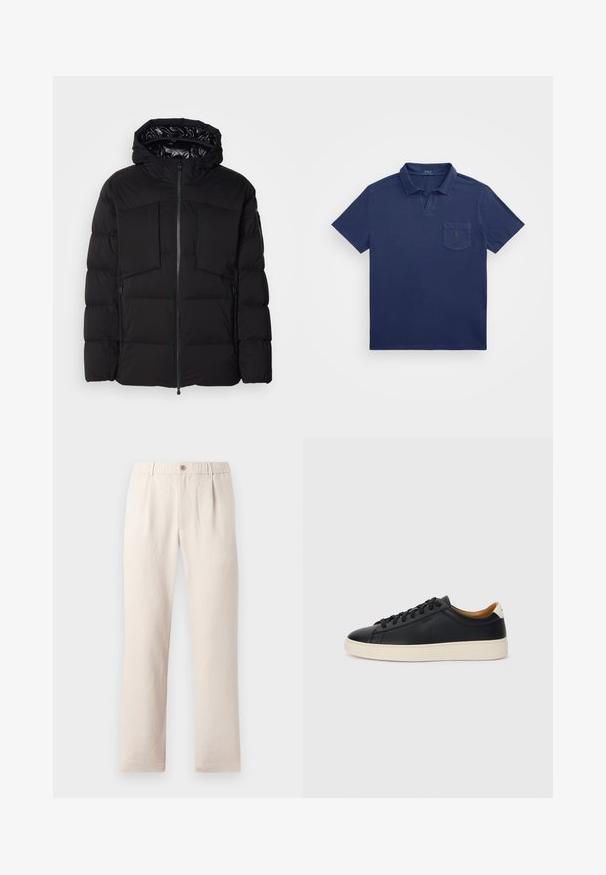 Černá péřová bunda z hladkého nylonu, vybavená předním zipem, velkými náprsními kapsami a kapucí. Polstrovaná pro tepelnou izolaci a pohodlí.; Námořnické modré polo tričko s krátkým límcem, kapsou na prsou a vyšitým logem. Vyrobeno z jemné, texturované látky.; Béžové kalhoty s elastickým pasem a knoflíkem vpředu, s rovnými nohavicemi a hladkým, texturovaným materiálem.; Černé kožené tenisky s hladkým povrchem, béžovou gumovou podešví, šněrovacím designem a kontrastním akcentem na patě.