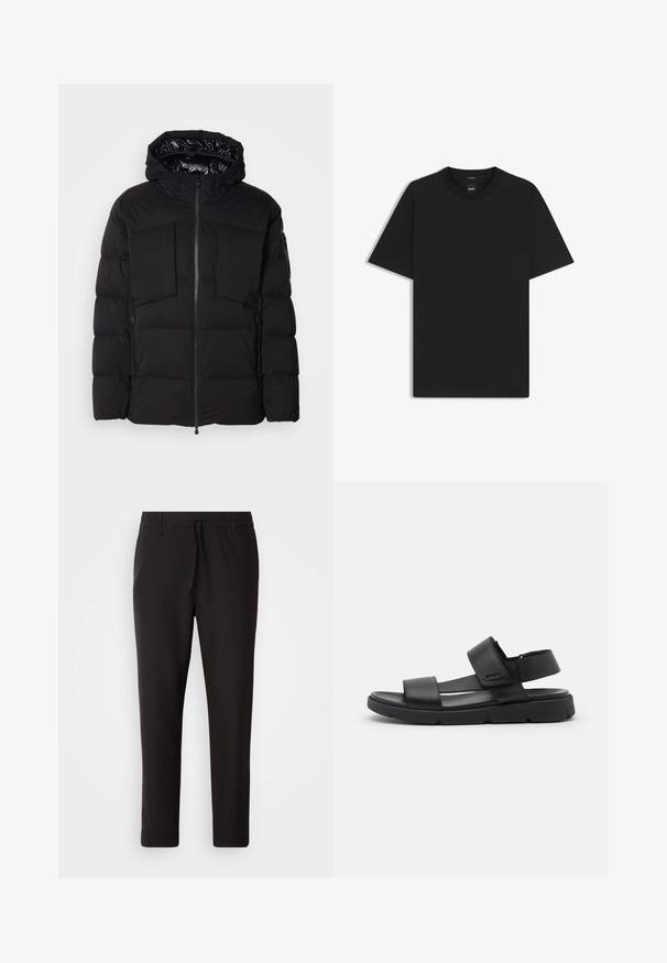 Sort pufferjakke lavet af glat nylon, med en frontlynlås, store brystlommer og hætte. Polstret for isolering og komfort.; Sort kortærmet T-shirt lavet af en glat bomuldsblanding, med en rund halsudskæring og et minimalistisk design uden mønstre eller accenter.; Sorte joggebukser lavet af glat stof. Har en elastisk talje med snor, tætsiddende ben og ingen synlige lommer. Enkel design.; Sorte lædersandaler med to brede stropper, en justerbar ankelrem og en kraftig sort gummisål med markante riller.