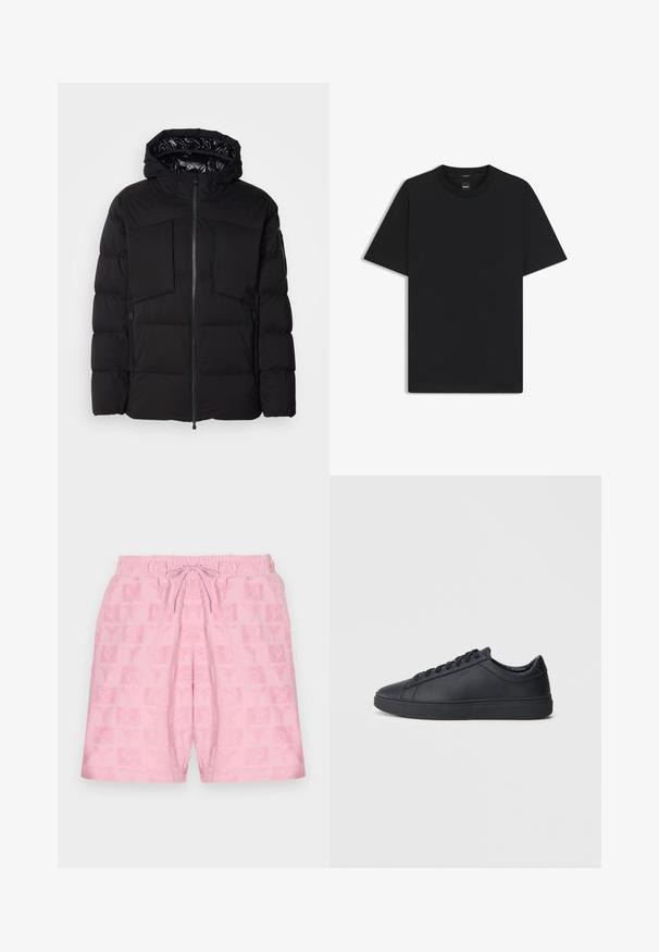 Black puffer jacket made of smooth nylon, featuring a front zipper, large chest pockets, and a hood. Padded for insulation and comfort.; Black short-sleeve T-shirt made from a smooth cotton blend, featuring a crew neckline and a minimalistic design with no patterns or accents.; Pink shorts with an elastic waistband and drawstring; features a textured pattern of logos and symbols across the fabric.; Black sneakers made of smooth leather with a low-top design, round toe, and flat rubber sole. Features laces and subtle branding.