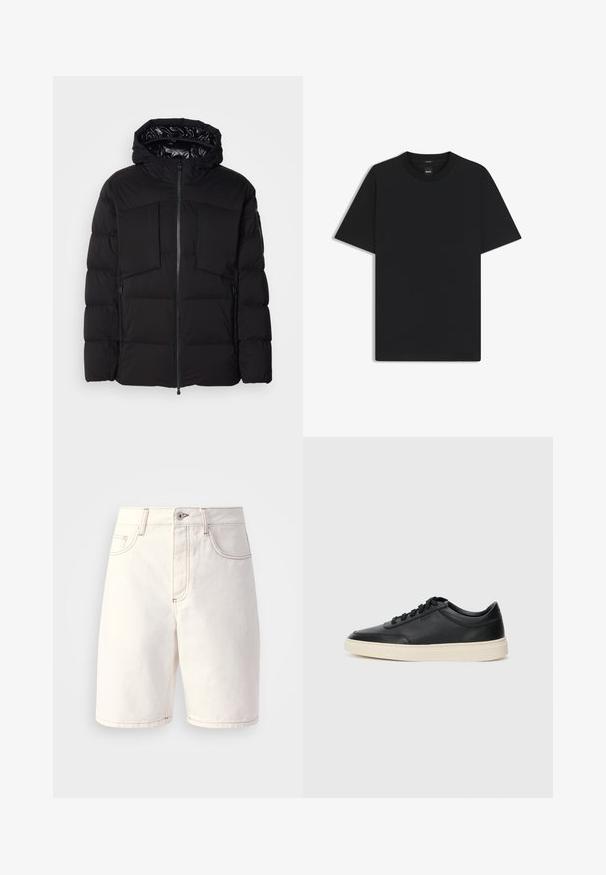 Doudoune noire en nylon lisse, dotée d'une fermeture éclair sur le devant, de grandes poches poitrine et d'une capuche. Rembourrée pour une isolation et un confort optimal.; T-shirt noir à manches courtes en coton mélangé doux, avec un col rond et un design minimaliste sans motifs ni accents.; Shorts en denim blanc à coupe droite, dotés de cinq poches, de coutures oranges et d'une fermeture éclair avec un bouton unique.; Baskets en cuir noires à tiges basses avec lacets noirs et semelle ivoire, présentées en profil latéral sur fond blanc.