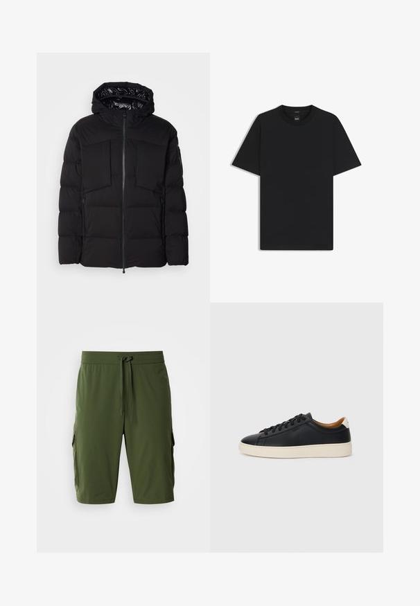 Giubbotto imbottito nero realizzato in nylon liscio, con zip frontale, grandi tasche sul petto e cappuccio. Imbottito per isolamento e comfort.; Maglietta nera a maniche corte realizzata in un morbido misto cotone, con scollatura a girocollo e un design minimalista senza motivi o dettagli.; Pantaloni cargo verde oliva con elastico in vita, cordoncino regolabile e tasche laterali per riporre oggetti. Tessuto morbido, lunghezza fino al ginocchio.; Sneakers in pelle nera con una texture liscia, suola in gomma beige, design con lacci e un accento del tacco in contrasto.