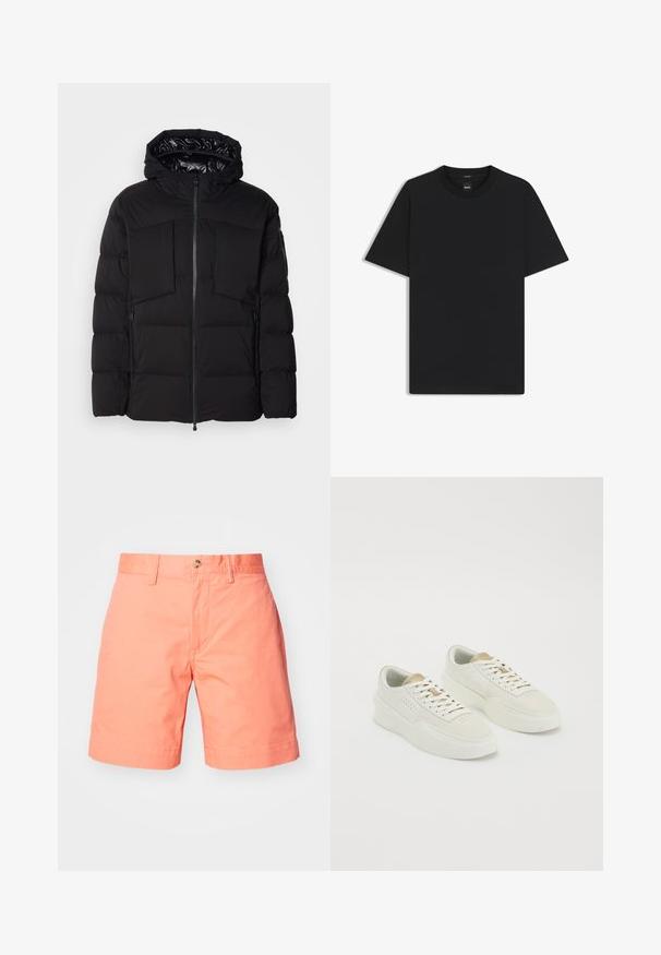 Giubbotto imbottito nero realizzato in nylon liscio, con zip frontale, grandi tasche sul petto e cappuccio. Imbottito per isolamento e comfort.; Maglietta nera a maniche corte realizzata in un morbido misto cotone, con scollatura a girocollo e un design minimalista senza motivi o dettagli.; Shorts in cotone color pesca con taglio dritto, dotati di una chiusura con un solo bottone e orli piegati. Texture liscia e design pulito.; Un paio di sneaker low-top color avorio con accenti beige, suole spesse e lacci bianchi su uno sfondo bianco semplice.