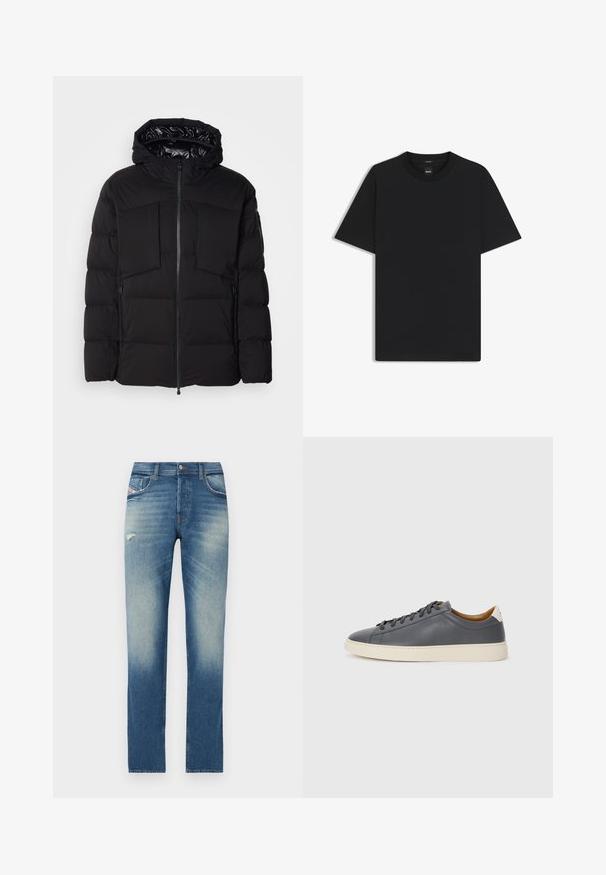 Musta puhallettu takki, joka on valmistettu sileästä nailonista. Siinä on edessä vetoketju, suuret rintataskut ja huppu. Vuorattu eristystä ja mukavuutta varten.; Musta lyhythiha T-paita, joka on valmistettu sileästä puuvillasekoitteesta. Paita on varustettu pyöreällä pääntiehen ja siinä on minimaalinen muotoilu ilman kuvioita tai yksityiskohtia.; Siniset farkut suoralla lahkeella, joissa on kevyt kuluminen, pieni kulutustehdas edessä ja tavallinen viisi taskua.; Harmaa nahkakengät, joissa on pyöreä kärki, kumipohja, litteät nauhat ja vaaleat yksityiskohdat kannassa. Sileä pinta ja minimalistinen muotoilu.