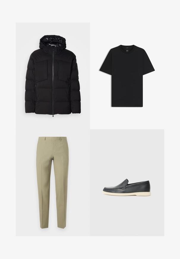 Zwarte donsjack gemaakt van glad nylon, met een ritssluiting aan de voorkant, grote borstzakken en een capuchon. Gevoerd voor isolatie en comfort.; Zwarte korte mouwen T-shirt van een gladde katoenmix, met een ronde halslijn en een minimalistisch ontwerp zonder patronen of accenten.; Khaki broek met een slim fit, gemaakt van een gladde stof. Bevat voorplooien, riemlussen en een ritssluiting.; Zwarte leren instappers met een gestructureerde afwerking en een contrasterende beige rubberen zool. Beschikt over een subtiele accent langs de voorkant.
