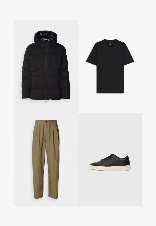 Schwarze Steppjacke aus glattem Nylon, mit einem Frontreißverschluss, großen Brusttaschen und einer Kapuze. Gepolstert für Wärme und Komfort.; Schwarz T-Shirt mit kurzen Ärmeln aus einem glatten Baumwollmix, mit Rundhalsausschnitt und einem minimalistischen Design ohne Muster oder Akzente.; Khakifarbene, gerade geschnittene Hosen mit Falten, Gürtelschlaufen und einem einzelnen schwarzen Knopf an der Taille, auf einem weißen Hintergrund abgebildet.; Schwarzer niedriger Ledersneaker mit schwarzen Schnürsenkeln und cremefarbenem Sohlenrand, seitlich auf weißem Hintergrund dargestellt.