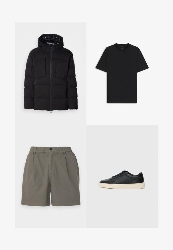 Svart pufferjacka i slät nylon, med framdragkedja, stora bröstfickor och huva. Vadderad för isolering och komfort.; Svart kortärmad T-shirt i en mjuk bomullsblandning, med rundad halsringning och en minimalistisk design utan mönster eller detaljer.; Khaki shorts med elastisk midja, enkel knappstängning och två sidofickor. Mjukt, lättviktigt tyg med en slät yta.; Svart låg skor i läder med svarta snören och off-white sula, visas i sidoprofil på vit bakgrund.