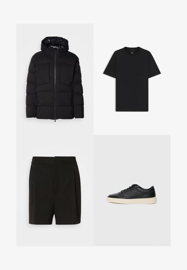 Svart pufferjacka i slät nylon, med framdragkedja, stora bröstfickor och huva. Vadderad för isolering och komfort.; Svart kortärmad T-shirt i en mjuk bomullsblandning, med rundad halsringning och en minimalistisk design utan mönster eller detaljer.; Svarta shorts i ett glatt tyg med en veckad frontdesign och resår i midjan. Raka ben ger en avslappnad passform.; Svart låg skor i läder med svarta snören och off-white sula, visas i sidoprofil på vit bakgrund.