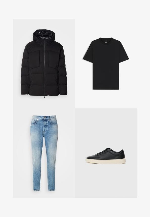 Black puffer jacket made of smooth nylon, featuring a front zipper, large chest pockets, and a hood. Padded for insulation and comfort.; Black short-sleeve T-shirt made from a smooth cotton blend, featuring a crew neckline and a minimalistic design with no patterns or accents.; Light blue denim jeans with a faded wash, straight-leg design, five pockets, and a metal button closure. Subtle whiskering at the hips.; Black low-top leather sneaker with black laces and off-white sole shown in side profile on white background.