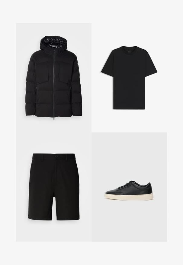 Sort pufferjakke lavet af glat nylon, med en frontlynlås, store brystlommer og hætte. Polstret for isolering og komfort.; Sort kortærmet T-shirt lavet af en glat bomuldsblanding, med en rund halsudskæring og et minimalistisk design uden mønstre eller accenter.; Sorte shorts lavet af glat stof, med en enkelt knaplukning og bæltestropper, lige benåbninger og uden synlige mønstre.; Sort lavt top lædersneaker med sorte snørebånd og off-white sål vist i sideprofil på hvid baggrund.