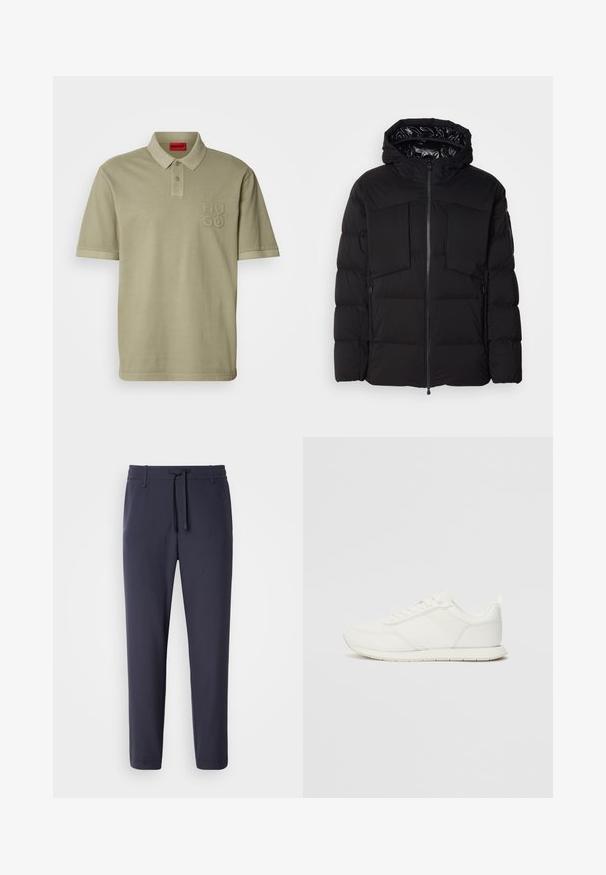 Crna puffer jakna od glatkog najlona, s prednjim patentnim zatvaračem, velikim džepovima na prsima i kapuljačom. Podstavljena za izolaciju i udobnost.; Kaki polo majica s ovratnikom, kratkim rukavima i izvezenim "HUGO" logotipom na lijevoj strani prsnog koša. Glatki pamučni materijal, minimalistički dizajn.; Mornarice hlače za trčanje s elastičnim pojasom i vezicom. Napravljene od glatkog materijala, s užim nogavicama i bez vidljivih džepova.; Bijela tenisica s gornjim dijelom od mrežice i sintetičkog materijala, okrugli vrh, ravne vezice i teksturirani bočni trak. Gumeni potplat s petnim trakicom.