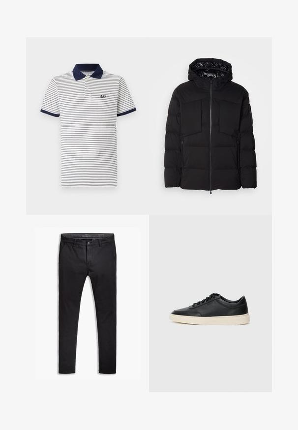 Fekete puffernadrág, sima nylonkiből készült, elülső cipzárral, nagy mellzsebekkel és kapucnival. Szigeteléssel és kényelemmel párnázott.; Fehér pólóing sötétkék csíkokkal, sötétkék gallérral és sötétkék mandzsettákkal, két gombbal a nyakán, és egy apró sötétkék logóval a mellén.; Fekete pamut chinos nadrág tapered fit szabással, öt zsebbel, övhurkokkal és sima textúrával. Cipzáras kivágás gombos záródással.; Fekete, alacsony szárú bőrsneaker fekete fűzőkkel és törtfehér talppal, oldalnézetben, fehér háttér előtt.