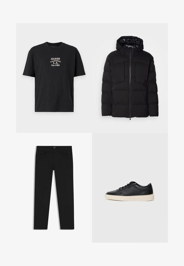Zwarte donsjack gemaakt van glad nylon, met een ritssluiting aan de voorkant, grote borstzakken en een capuchon. Gevoerd voor isolatie en comfort.; Zwart katoenen t-shirt met een witte geprinte logo "GUESS CALIFORNIA L.A. Est.1981" gecentreerd op de borst. Klassiek ontwerp met ronde hals.; Zwarte denim broek met een rechte snit, voorzien van een standaard tailleband, vijf zakken en een knoopsluiting. Gladde textuur overal.; Zwarte leren sneaker met lage schacht, zwarte veters en off-white zool, weergegeven in zijprofiel op een witte achtergrond.