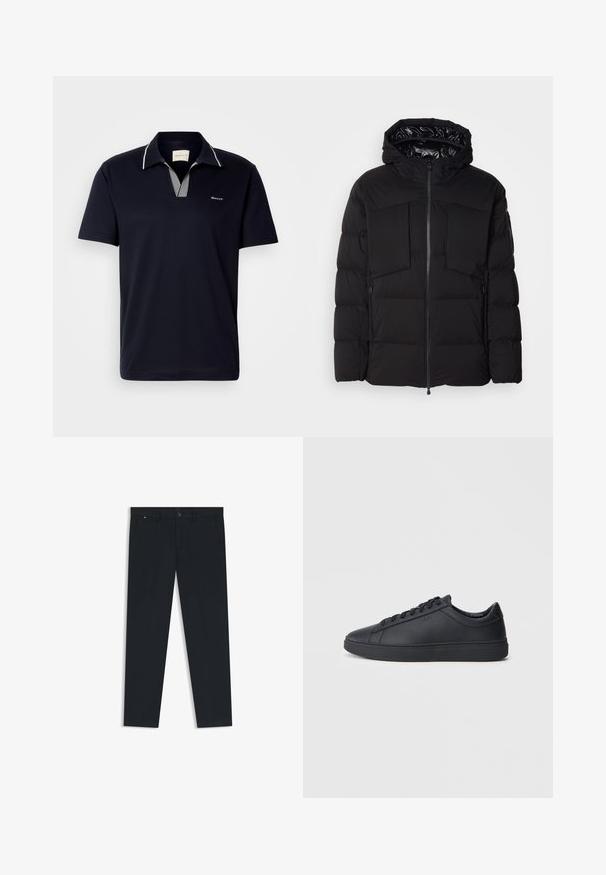 Musta puhallettu takki, joka on valmistettu sileästä nailonista. Siinä on edessä vetoketju, suuret rintataskut ja huppu. Vuorattu eristystä ja mukavuutta varten.; Tummansininen lyhythihainen polo-paita puuvillasta, jossa on raidallinen kaulus ja V-kaula-aukko, sekä pieni logo rinnassa.; Miestne tmavomodré nohavice vyrobené z ľahkého materiálu. Majú zapínanie na gombík, pútka na opasok a dve bočné vrecká. Priame nohy.; Mustat lenkkarit, jotka on valmistettu sileästä nahasta, matalalla varrella, pyöreällä varvalla ja tasaisella kumipohjalla. Varusteena nauhat ja huomaamaton brändäys.