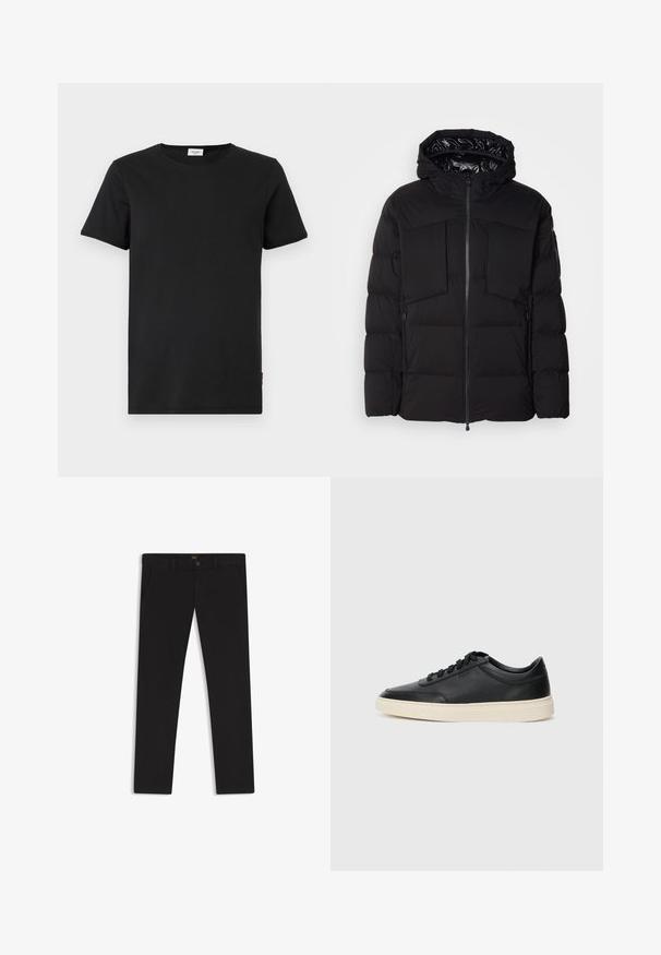 Black puffer jacket made of smooth nylon, featuring a front zipper, large chest pockets, and a hood. Padded for insulation and comfort.; Black cotton t-shirt with a round neckline, short sleeves, and a straight cut. Features a small red accent label on the lower side.; Black trousers made of fabric with a smooth texture. Features a button closure, belt loops, and side pockets. Standard straight-leg design.; Black low-top leather sneaker with black laces and off-white sole shown in side profile on white background.