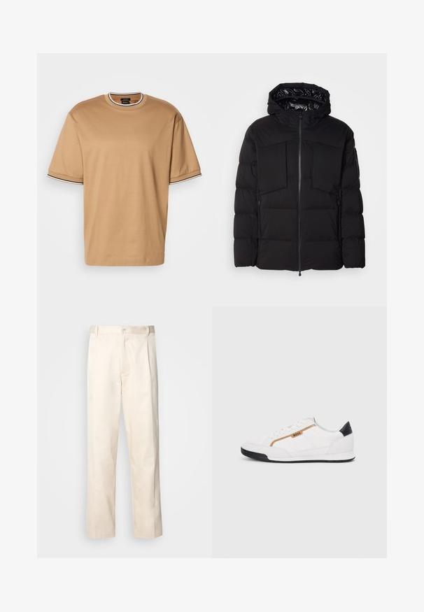 Casaco puffer preto feito de nylon liso, com fecho frontal, grandes bolsos no peito e capuz. Almofadado para isolamento e conforto.; T-shirt bege de manga curta com acabamento em preto e branco nas bordas do colarinho e das mangas, apresentado sobre um fundo branco.; Calças de algodão bege com corte reto, apresentando um fecho de botão e pregas na frente para um detalhe adicional.; Tênis atléticos brancos com detalhes em malha e couro. Apresenta um logotipo dourado "BOSS", painéis laterais texturizados e um capô de calcanhar preto. Sola em borracha.