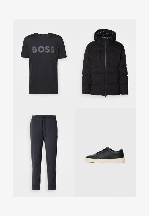Must schwarz puffer jakk, mis on valmistatud siledast nailonist, ees on lukuga, suured rinna taskud ja kapuuts. Polsterdatud soojustamiseks ja mugavuseks.; Mustade lühikeste varrukatega T-särk sujuva materjali ja kontrastsete hallide triipudega, mis kannavad sõna "BOSS" rinnal.; Tumed hallide spordipüksid, millel on nööridega vöökoht, kitsenevad jalad ja küljetaskud. Sile tekstuur ja minimalistik disain.; Mustad musta nahast madal sneaker mustade nööpidega ja kreemivalge tallaga, nähtud külgprofiilis valge tausta ees.