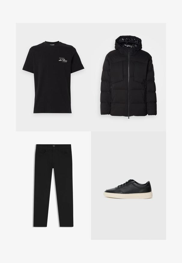 Black puffer jacket made of smooth nylon, featuring a front zipper, large chest pockets, and a hood. Padded for insulation and comfort.; Black cotton t-shirt with a crew neckline. Features white text logo on the left chest. Short sleeves and straight hem.; Black denim trousers with a straight cut, featuring a standard waistband, five pockets, and a button closure. Smooth texture throughout.; Black low-top leather sneaker with black laces and off-white sole shown in side profile on white background.