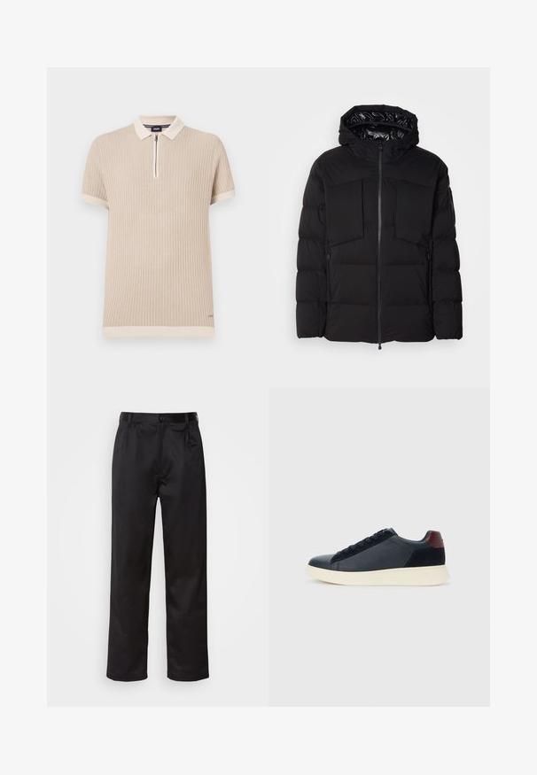Melnā pūkainā jaka, kas izgatavota no gluda neilona, ar priekšējo rāvējslēdzēju, lielām krūšu kabatām un kapuci. Iepildīta siltumizolācijai un komfortam.; Beige īsām piedurknēm polo krekls ar ribotu tekstūru, rāvējslēdzēja apkakli un kontrastējošiem apdari gar piedurknēm un apakšu. Smalks logo elements.; Melnas bikses, kas izgatavotas no gludas auduma, ar priekšējo pogu aizdari, krokām un taisnām kājām. Nav redzamu rakstu vai akcentu.; Zemāko vīriešu sporta apavu modelis melnā ādas un zamša apdarē ar bordo krāsas papēža cilpu un baltu gumijas zoli, skatoties no ārējās puses.