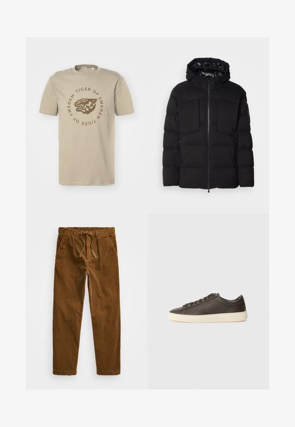 Černá péřová bunda z hladkého nylonu, vybavená předním zipem, velkými náprsními kapsami a kapucí. Polstrovaná pro tepelnou izolaci a pohodlí.; Beige bavlněné tričko s kulatým potiskem s hlavou tygra a nápisem "TIGER OF SWEDEN" hnědé barvy. Krátké rukávy a kulatý výstřih.; Hnědé kordové kalhoty s elastickým pasem na šňůrku, bočními kapsami a rovnými nohavicemi s texturovaným žebrováním.; Tmavě hnědé kožené tenisky s texturovaným povrchem, bílé gumové podrážky a plochými tkaničkami. Minimalistický design bez viditelných log.