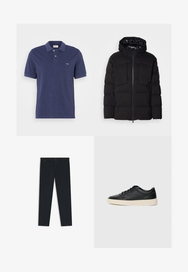 Musta puhallettu takki, joka on valmistettu sileästä nailonista. Siinä on edessä vetoketju, suuret rintataskut ja huppu. Vuorattu eristystä ja mukavuutta varten.; Laivastonsininen golfpaita, joka on valmistettu puuvillasta. Siinä on klassinen kaulus, kaksi nappia ja pieni brodeerattu logo rintaosassa.; Miestne tmavomodré nohavice vyrobené z ľahkého materiálu. Majú zapínanie na gombík, pútka na opasok a dve bočné vrecká. Priame nohy.; Musta matalavartinen nahkastretchu, jossa on mustat nauhat ja vaaleanharmaa pohja, esitetty sivuprofiilissa valkoista taustaa vasten.