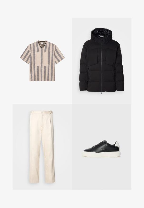 Casaco puffer preto feito de nylon liso, com fecho frontal, grandes bolsos no peito e capuz. Almofadado para isolamento e conforto.; Camiseta de manga curta com decote em V em padrão creme e cinza. Apresenta o número "11" em tecido texturizado na frente. Material suave e ajuste descontraído.; Calças de algodão bege com corte reto, apresentando um fecho de botão e pregas na frente para um detalhe adicional.; Tênis de couro preto com sola de borracha branca. Possui bico redondo, design com atacadores e detalhe do logo na lateral. Acento traseiro em branco.