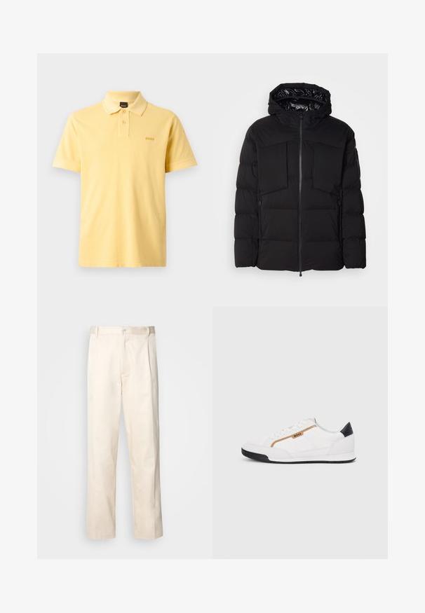 Čierna puffa bunda vyrobená z hladkého nylonu, s predným zipsom, veľkými vreckami na hrudi a kapucňou. Podšitá pre izolačné vlastnosti a pohodlie.; Žlté polo tričko z bavlny, s klasickým golierom, dvoma gombíkmi a malým vyšitým logom na hrudi. Krátke rukávy.; Béžové bavlnené nohavice so strihom rovného nohu, s gombíkovým zapínaním a záhybmi vpredu pre pridanie detailu.; Biele športové topánky s akcentmi z korku a kože. Obsahujú zlaté logo "BOSS", textúrované bočné panely a čierny pätník. Gumová podrážka.
