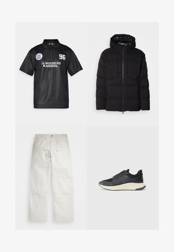 Black puffer jacket made of smooth nylon, featuring a front zipper, large chest pockets, and a hood. Padded for insulation and comfort.; Black polo shirt with a collared neck, featuring white text "J. Lindeberg Kangol" and number "96," along with a circular logo on the left side.; White cotton pants with a relaxed fit, featuring front pockets, gold hardware accents, and knee patch detailing.; Black athletic sneaker featuring a mesh upper with perforations, a textured midsole in cream, and a rubber outsole for traction.