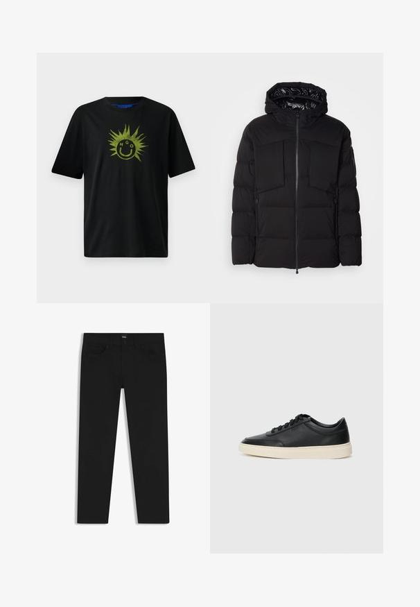 Sort pufferjakke lavet af glat nylon, med en frontlynlås, store brystlommer og hætte. Polstret for isolering og komfort.; Sort bomulds t-shirt med korte ærmer, der har et grønt solgrafik og smilende ansigt design, med bogstaverne "HGO" inkorporeret.; Sorte denimbukser med lige pasform, der har en standard talje, fem lommer og en knaplukning. Glat struktur over det hele.; Sort lavt top lædersneaker med sorte snørebånd og off-white sål vist i sideprofil på hvid baggrund.