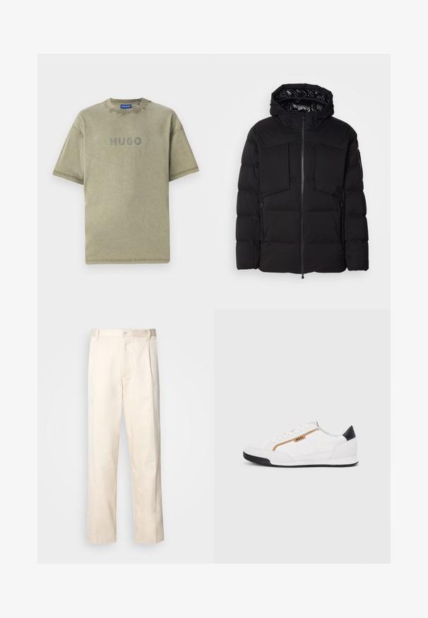 Geacă puffer neagră din nylon neted, cu fermoar frontal, buzunare mari pe piept și glugă. Căptușită pentru izolație și confort.; Tricou din bumbac de culoare verde măslin, cu mâneci scurte, guler rotund și logo-ul „HUGO” în relief pe față. Textură subtilă și linii curate.; Pantaloni din bumbac bej, cu croială dreaptă, dotati cu închidere cu nasture și pliuri în față pentru un plus de detaliu.; Adidași albi cu detalii din plasă și piele. Prezintă un logo auriu "BOSS", panouri laterale texturate și un capac pentru călcâi negru. Talpă din cauciuc.