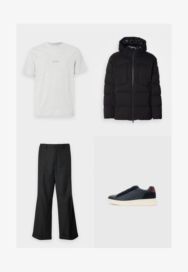 Černá péřová bunda z hladkého nylonu, vybavená předním zipem, velkými náprsními kapsami a kapucí. Polstrovaná pro tepelnou izolaci a pohodlí.; Šedé bavlněné tričko s krátkým rukávem, kulatým výstřihem a malým načervenalohnědým potiskem na přední straně, který říká "LES DEUX".; Černé kalhoty s širokými nohavicemi, s páskem na knoflíky a zakončením nohavic do manžet, vystavené na čistém bílém pozadí.; Nízké pánské tenisky z černé kůže a semiše s vínovým patním páskem a bílou gumovou podrážkou, pohled z vnější strany.
