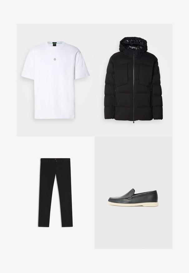 Sort pufferjakke lavet af glat nylon, med en frontlynlås, store brystlommer og hætte. Polstret for isolering og komfort.; Hvid bomuld T-shirt med korte ærmer, prydet med et lille gråt logo på brystet, rund halsudskæring og en glat, blød tekstur.; Sorte bukser lavet af stof med en glat tekstur. Har en knaplukning, bæltestropper og sidelommer. Standard design med lige ben.; Sorte læder slip-on loafers med en struktureret overflade og en kontrasterende beige gummisål. Har en subtil detalje langs forsiden.