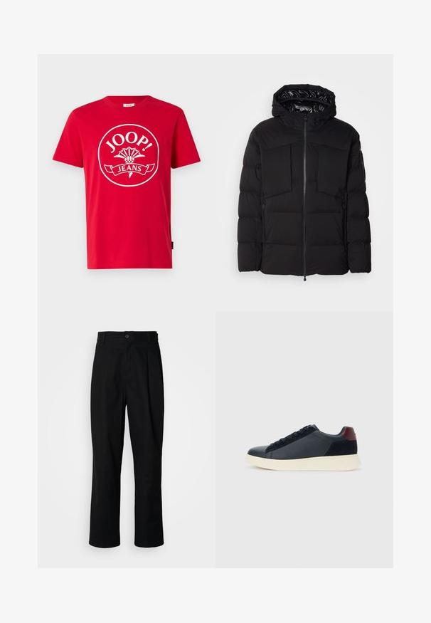 Melnā pūkainā jaka, kas izgatavota no gluda neilona, ar priekšējo rāvējslēdzēju, lielām krūšu kabatām un kapuci. Iepildīta siltumizolācijai un komfortam.; Sarkanais kokvilnas T-krekls ar lielu baltu apļa logotipu, kurā redzams teksts "JOOP! JEANS" un ziedu grafika centrā. Īsas piedurknes, apaļa kakla izgriezums.; Melni taisni bikses ar pogu, jostu cilpiņām un priekšējo krokām, izliktas uz vienkārša balta fona.; Zemāko vīriešu sporta apavu modelis melnā ādas un zamša apdarē ar bordo krāsas papēža cilpu un baltu gumijas zoli, skatoties no ārējās puses.