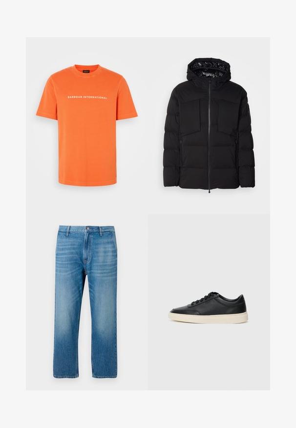 Černá péřová bunda z hladkého nylonu, vybavená předním zipem, velkými náprsními kapsami a kapucí. Polstrovaná pro tepelnou izolaci a pohodlí.; Oranžové bavlněné tričko s kulatým výstřihem a krátkým rukávem. Na hrudi se nachází bílý nápis "BARBOUR INTERNATIONAL".; Světle modré džíny z denimu se rovný střih, pěti kapsami, zapínáním na knoflík a jemným vyblednutím na přední straně. Žádné viditelné vzory.; Černé kožené nízké tenisky s černými tkaničkami a slonovinovou podešví, zobrazené v bočním profilu na bílém pozadí.