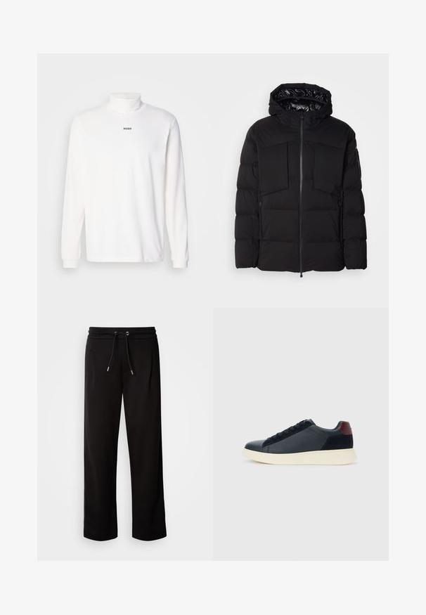 Juodas pūkinis švarkas, pagamintas iš glotnaus nailono, su priekiniais užtrauktukais, didelėmis krūtinės kišenėmis ir gobtuvu. Išpūstas, skirtas šilumai ir patogumui.; Baltas ilgomis rankovėmis golfas, pagamintas iš minkštos medžiagos, su subtiliu juodu "HUGO" logotipu priekyje ir prisiūtomis apykaklėmis.; Juodi laisvo kirpimo sportiniai kelnes, pagamintos iš minkštos medžiagos, su elastiniu juosmeniu ir virvutėmis, taip pat su šoninėmis kišenėmis.; Juodos odinės ir zomšinės vyriškos žemos sportinės avalynės su bordo spalvos kulkšnių juostele ir balto kaučiuko padu vaizdas iš išorės.