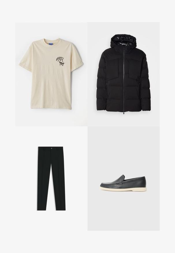Black puffer jacket made of smooth nylon, featuring a front zipper, large chest pockets, and a hood. Padded for insulation and comfort.; Cream-colored cotton t-shirt with short sleeves, featuring a black graphic text and illustration on the left chest area.; Black dress pants with a straight-leg design, made of smooth fabric. Features a front button closure and belt loops. Plain without patterns.; Black leather slip-on loafers with a textured finish and a contrasting beige rubber sole. Features a subtle accent along the front.