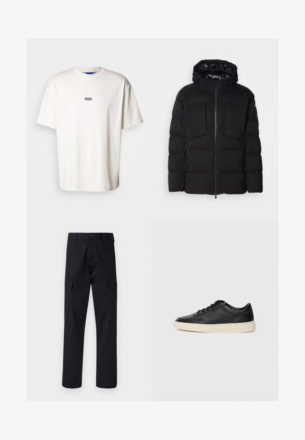 Chaqueta acolchada negra hecha de nailon suave, con cremallera frontal, grandes bolsillos en el pecho y capucha. Acolchada para aislamiento y comodidad.; Camiseta de algodón blanca con cuello redondo y mangas cortas, que presenta un pequeño logotipo rectangular negro con la palabra "HUGO" en el pecho.; Pantalones cargo negros hechos de una tela resistente, con un corte recto en las piernas, dos bolsillos laterales y un cierre de botón en la cintura.; Zapatilla negra de piel de caña baja con cordones negros y suela color crema, mostrada en perfil lateral sobre fondo blanco.