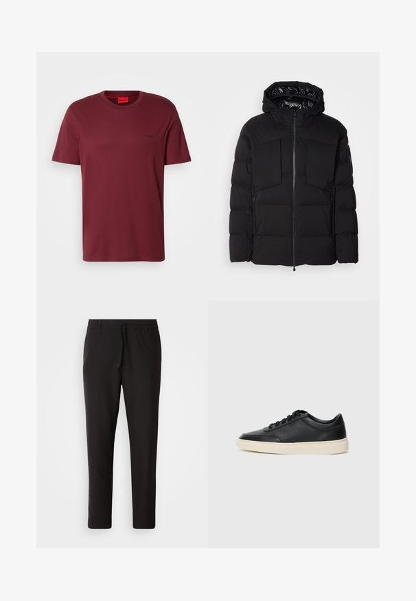 Črna puhovka iz gladkega najlona, z sprednjim zadrgo, velikima žepoma na prsih in kapuco. Opremljena je z oblogami za izolacijo in udobje.; Uni barvna majica s kratkimi rokavi in okroglim izrezom v temno rdeči barvi z majhnim črnim logotipom "HUGO" na levi strani prsnega koša.; Črne jogger hlače iz gladkega blaga. Imajo elastičen pas z vrvico, zožane hlačnice in brez vidnih žepov. Enostaven dizajn.; Črne nizke usnjene teniske s črnimi vezalkami in svetlo belo podplatom, prikazane v stranskem profilu na beli podlagi.