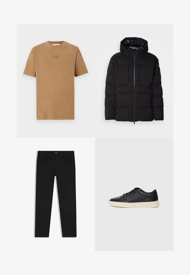 Giubbotto imbottito nero realizzato in nylon liscio, con zip frontale, grandi tasche sul petto e cappuccio. Imbottito per isolamento e comfort.; T-shirt di cotone marrone con scollo a girocollo, maniche corte e testo nero che recita "SAMSE SAMSE COPENHAGEN" sulla parte anteriore.; Pantaloni in denim nero con taglio dritto, dotati di vita standard, cinque tasche e chiusura con bottone. Texture liscia su tutta la superficie.; Sneaker in pelle nera a basso profilo con lacci neri e suola avorio, mostrato di profilo su sfondo bianco.