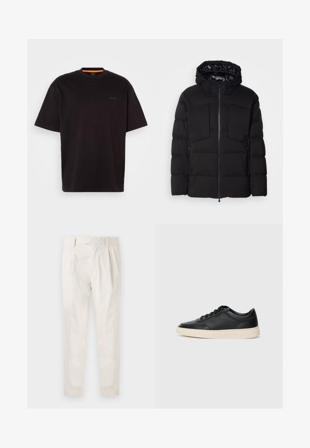 Must schwarz puffer jakk, mis on valmistatud siledast nailonist, ees on lukuga, suured rinna taskud ja kapuuts. Polsterdatud soojustamiseks ja mugavuseks.; Must musta T-särk, millel on vabalt langev lõige, ümmargune kaelus, lühikesed varrukad ja rindadele diskreetne tume värviga logo. Siseetikett on oranž.; Valged volditud püksid, mis on kohandatud sobivusega, sujuva tekstuuriga, vööloopidega ja kitsenevate jalgadega. Pole nähtavaid taskuid ega mustreid.; Mustad musta nahast madal sneaker mustade nööpidega ja kreemivalge tallaga, nähtud külgprofiilis valge tausta ees.