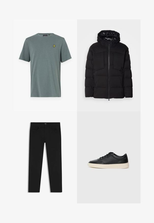 Zwarte donsjack gemaakt van glad nylon, met een ritssluiting aan de voorkant, grote borstzakken en een capuchon. Gevoerd voor isolatie en comfort.; Grijze korte mouwen t-shirt gemaakt van zachte stof met een gele geborduurde logo op de linkerkant van de borst. Ronde halslijn met een normale pasvorm.; Zwarte denim broek met een rechte snit, voorzien van een standaard tailleband, vijf zakken en een knoopsluiting. Gladde textuur overal.; Zwarte leren sneaker met lage schacht, zwarte veters en off-white zool, weergegeven in zijprofiel op een witte achtergrond.